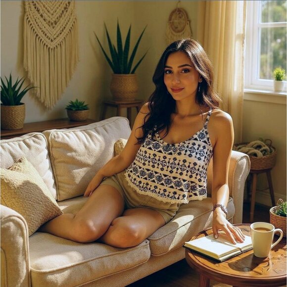 Charlotte Russe Sleeveless Boho Crop Top – Navy Geometric Print & Lace Hem M - Picture 1 of 9